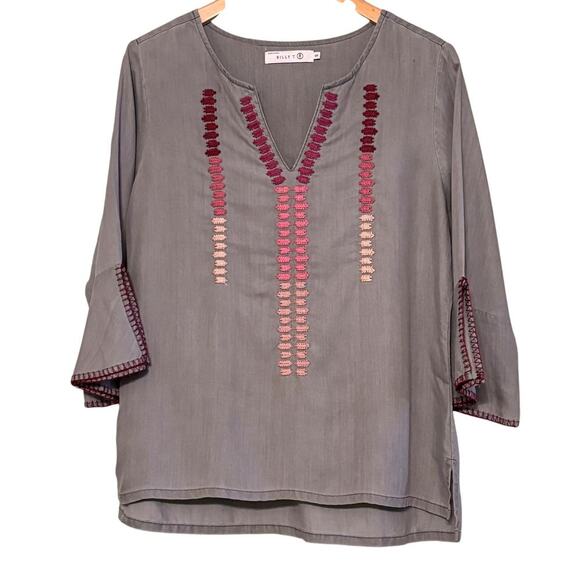 Billy T Blue Chambray Embroidered Flared‎ 3/4 Sleeve Tunic Top Small Spring - Picture 1 of 6